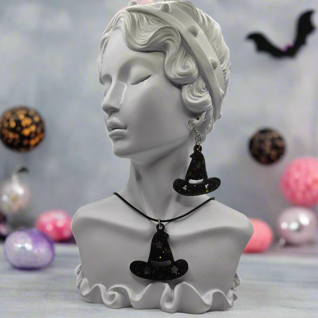 Halloween Witch Hat Resin Drop Earrings with Stars