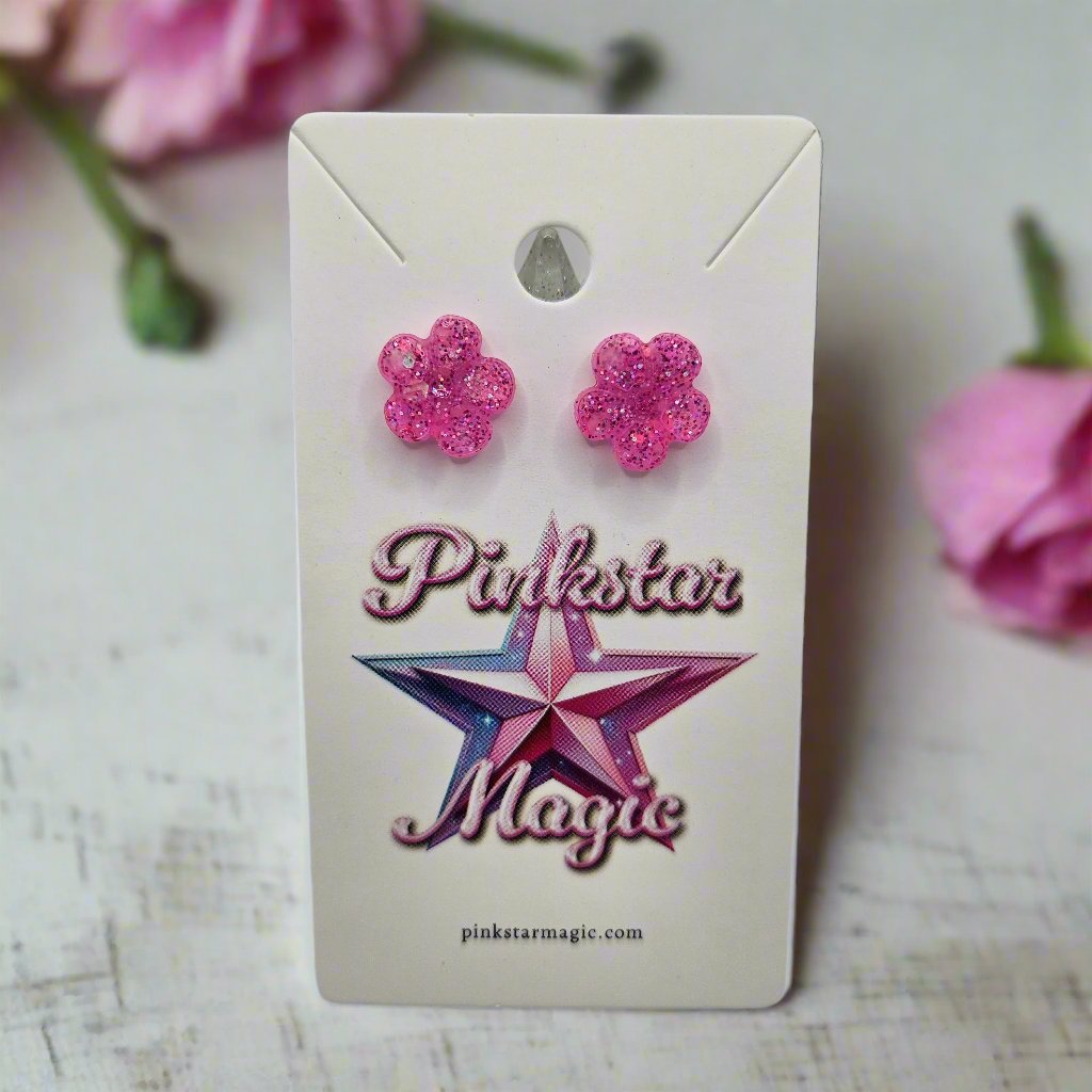 Cute Pink Flower Resin Earrings with Glitter