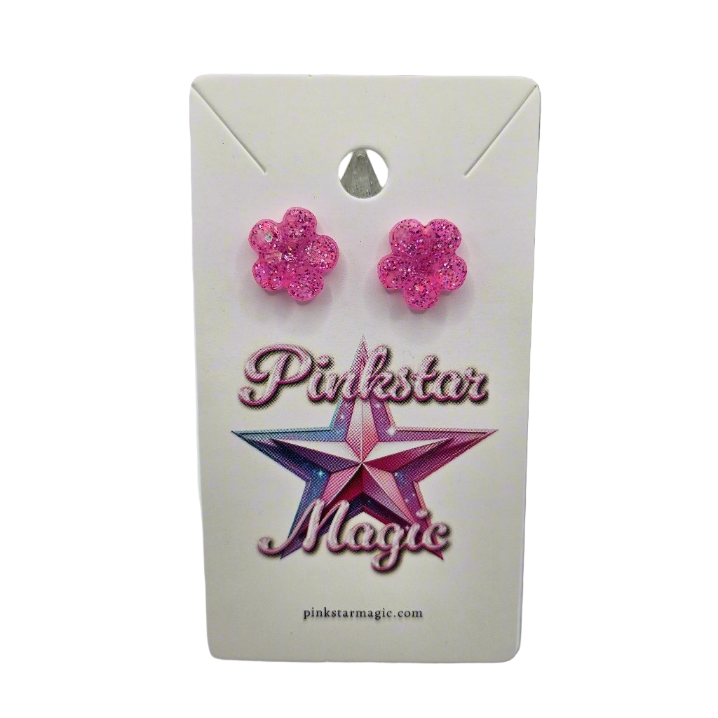 Cute Pink Flower Resin Earrings with Glitter