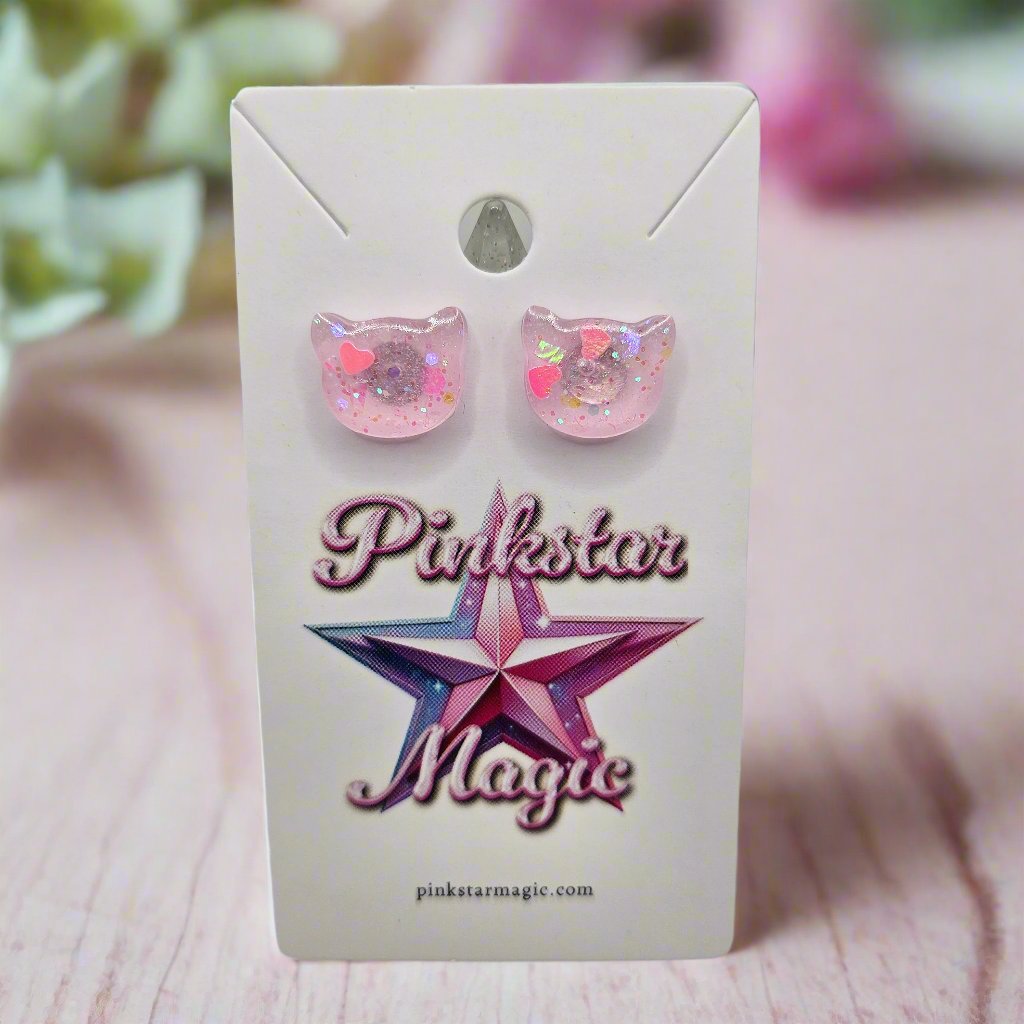 Kawaii Cat Handmade Resin Earrings with Hearts and Glitter