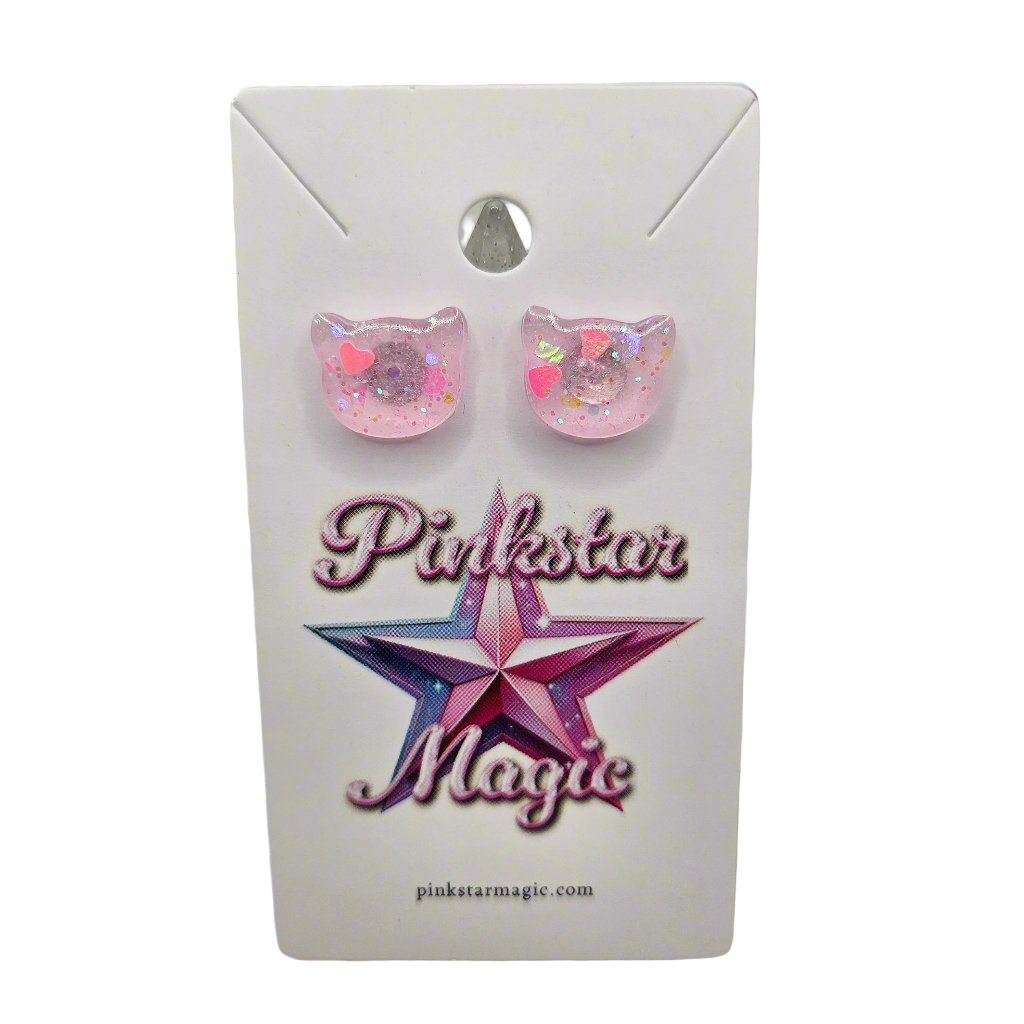 Kawaii Cat Handmade Resin Earrings with Hearts and Glitter