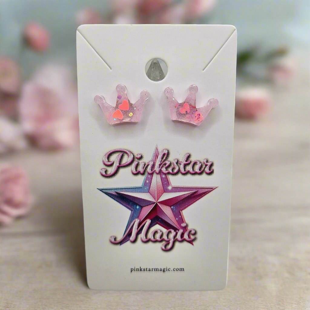 Cute Crown Resin Earrings with Hearts and Glitter