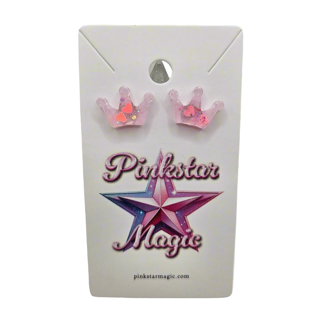 Cute Crown Resin Earrings with Hearts and Glitter