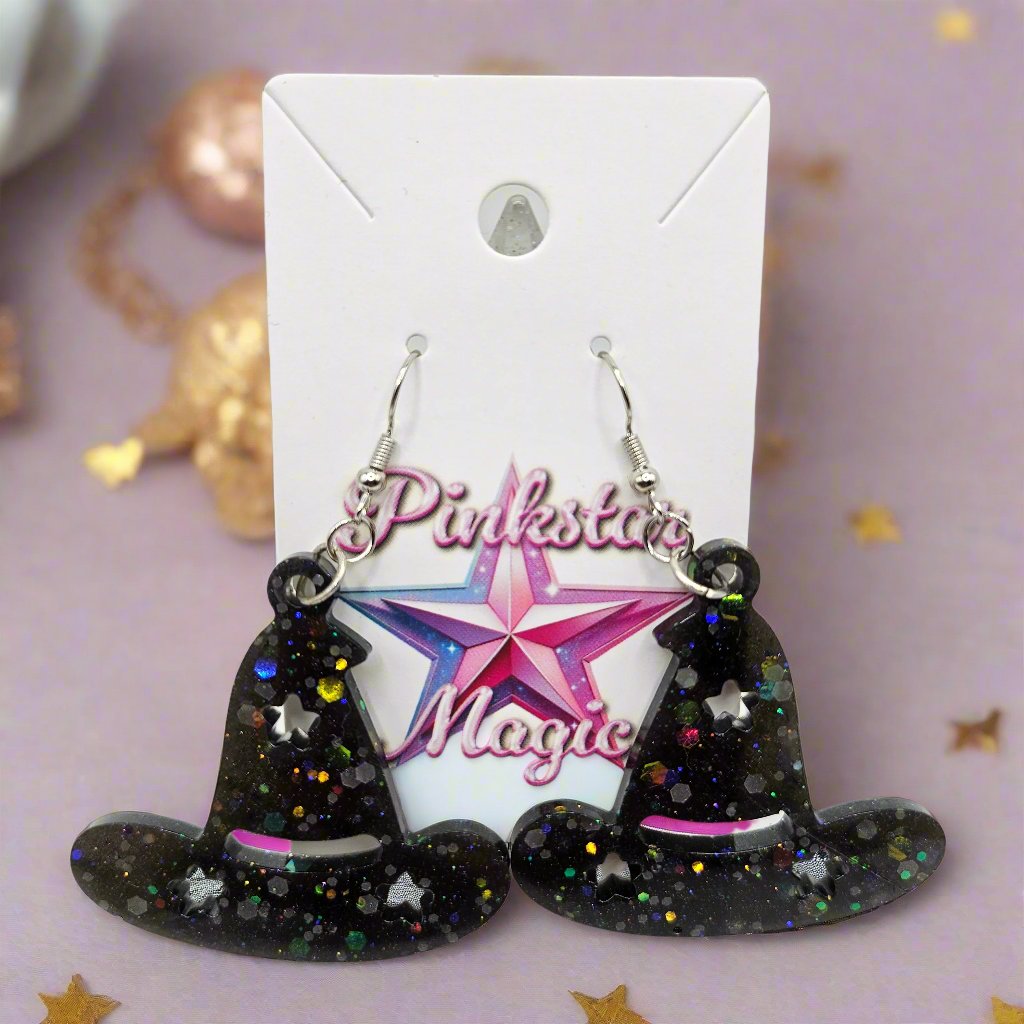 Halloween Witch Hat Resin Drop Earrings with Stars