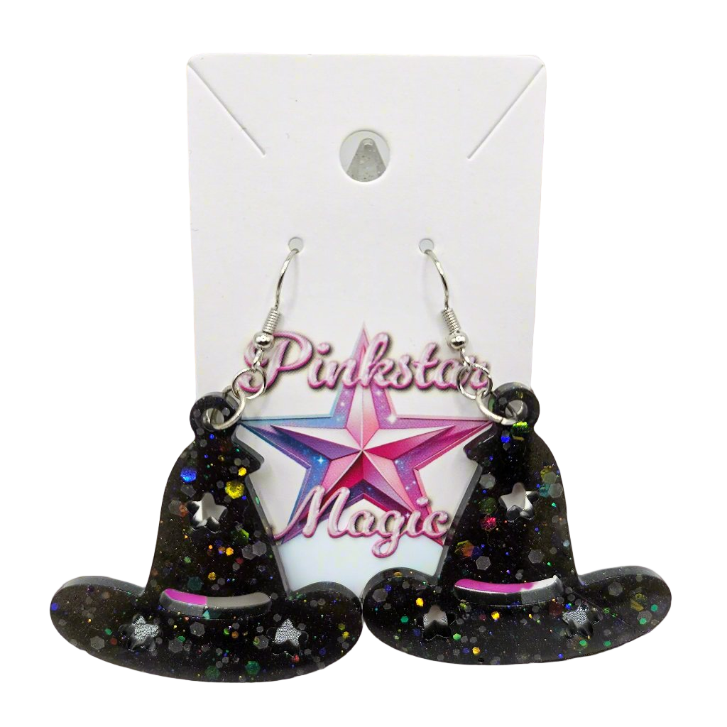 Halloween Witch Hat Resin Drop Earrings with Stars