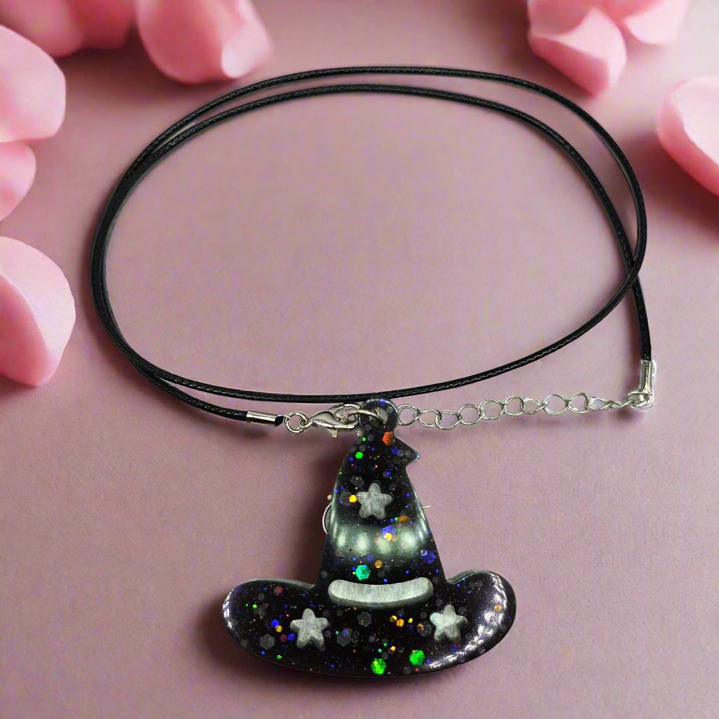 Halloween Witch Hat Resin Necklace with Stars