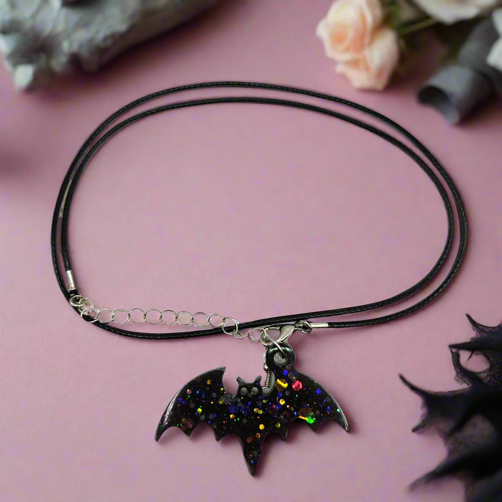 Halloween Resin Necklace with Bat Pendant