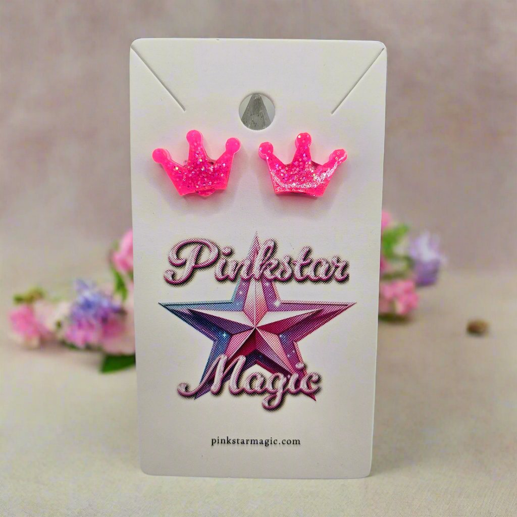 Cute Crown Resin Earrings with Hearts and Glitter