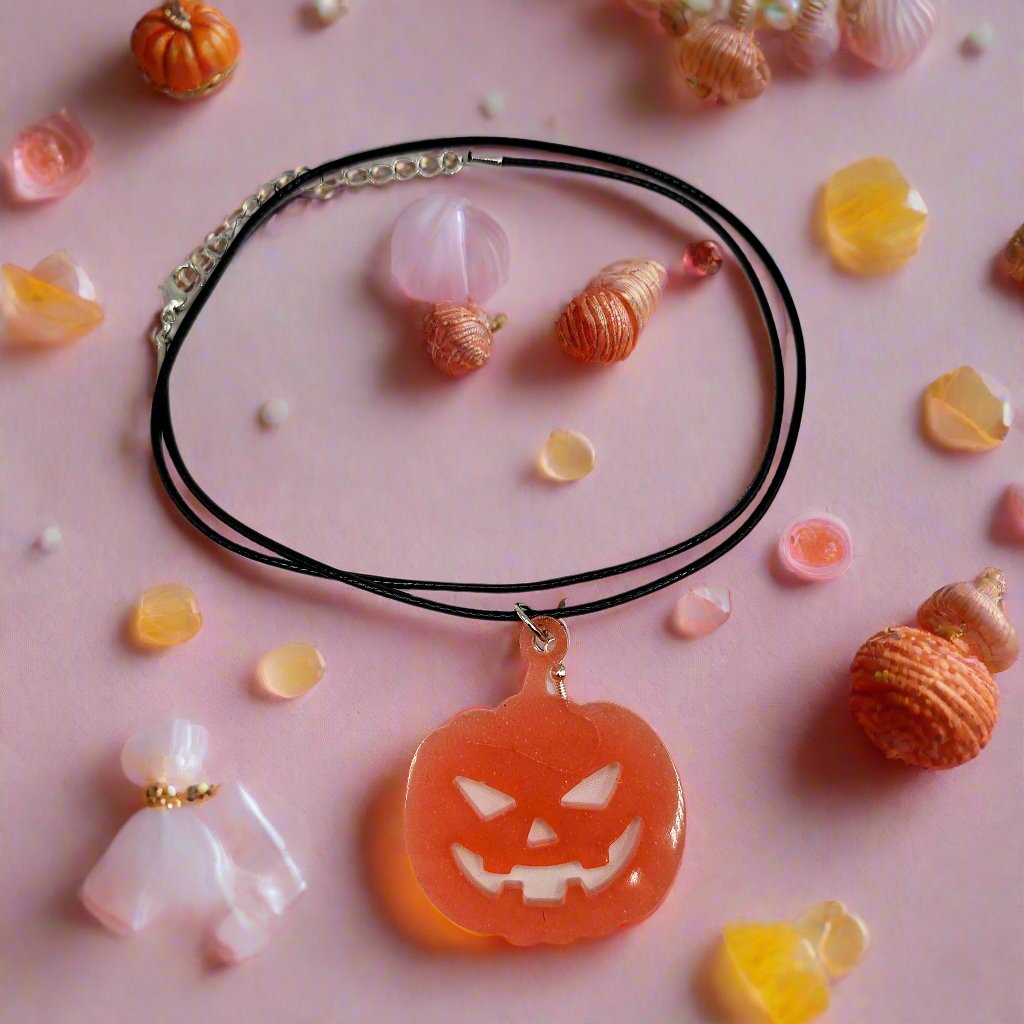 Spooky Kawaii Pumpkin Resin Necklace for Halloween