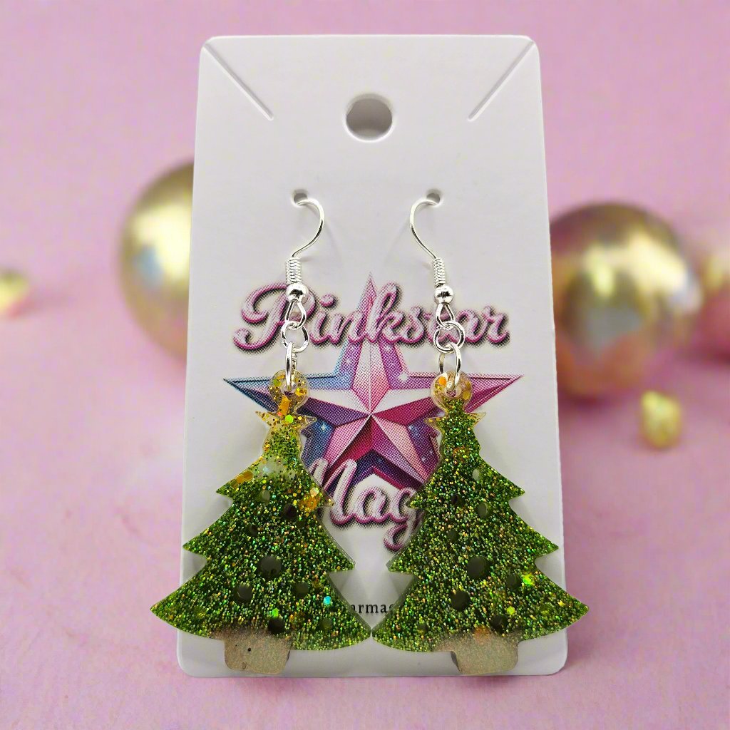 Christmas Tree Resin Earrings with Iridescent Glitter