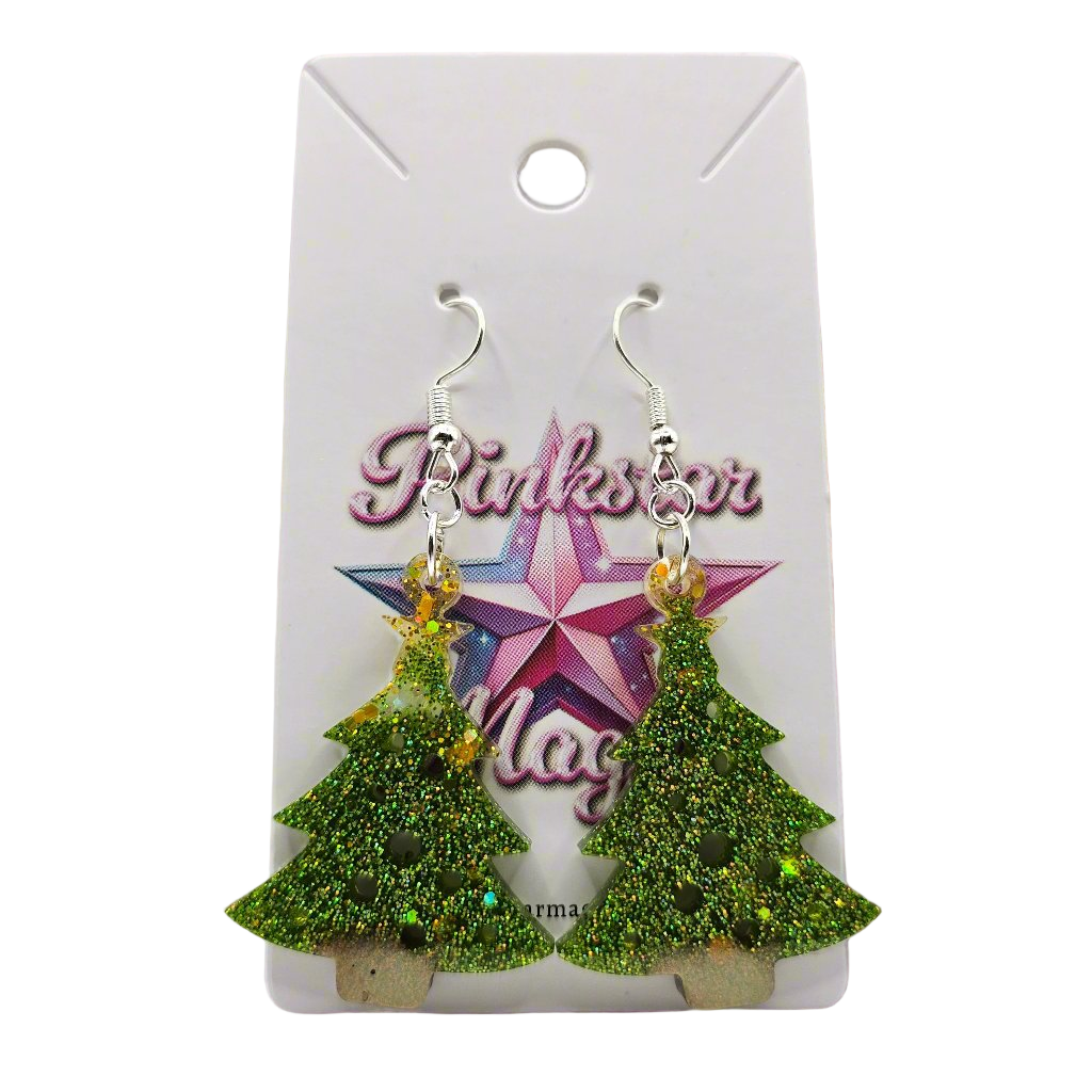 Christmas Tree Resin Earrings with Iridescent Glitter