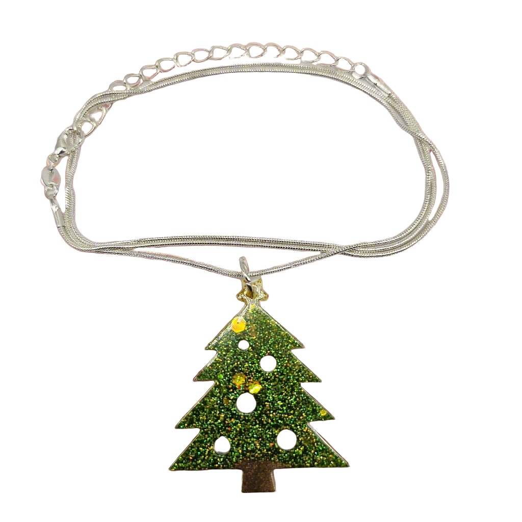 Christmas Tree Resin Necklace with Iridescent Glitter