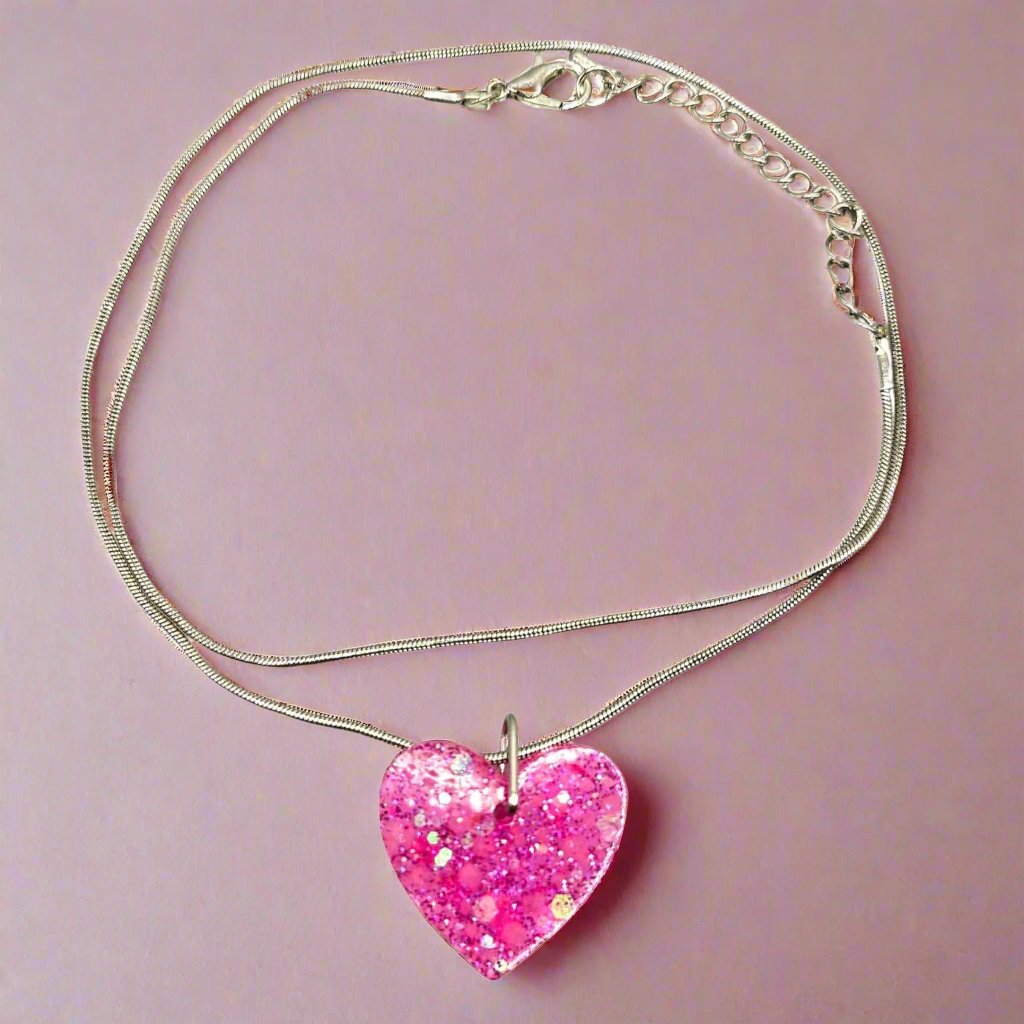 Heart Shaped Resin Pendant Necklace with Glitter