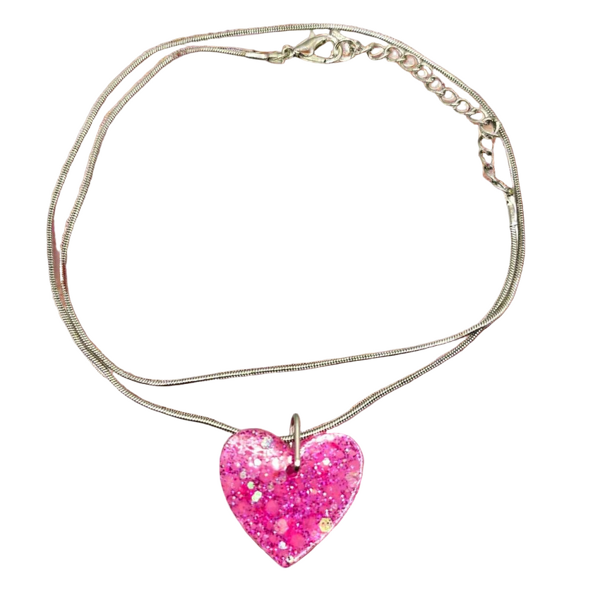 Heart Shaped Resin Pendant Necklace with Glitter