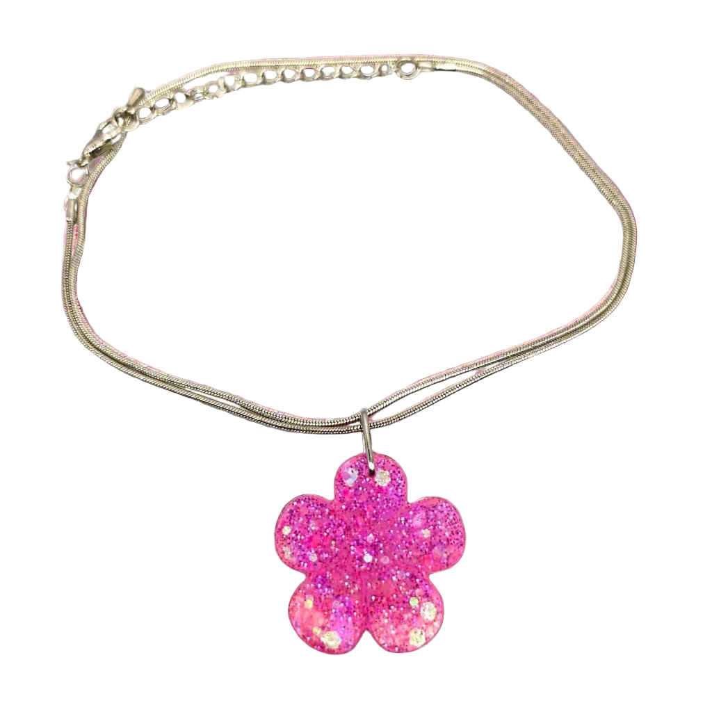 Cute Pink Flower Resin Necklace with Glitter