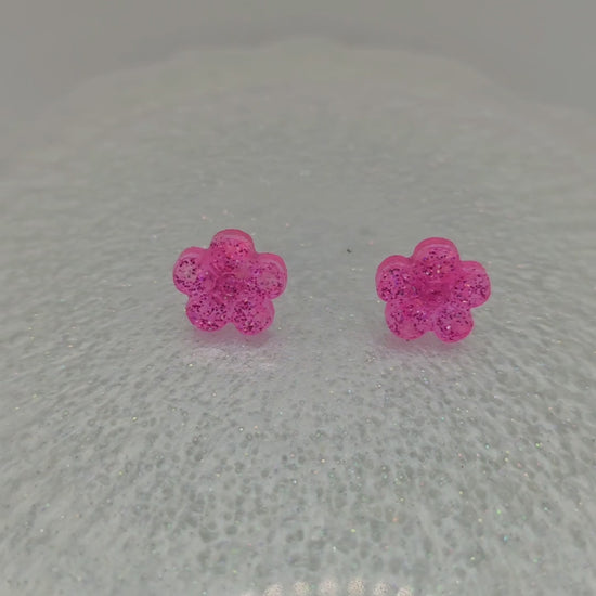 Cute Pink Flower Resin Earrings with Glitter