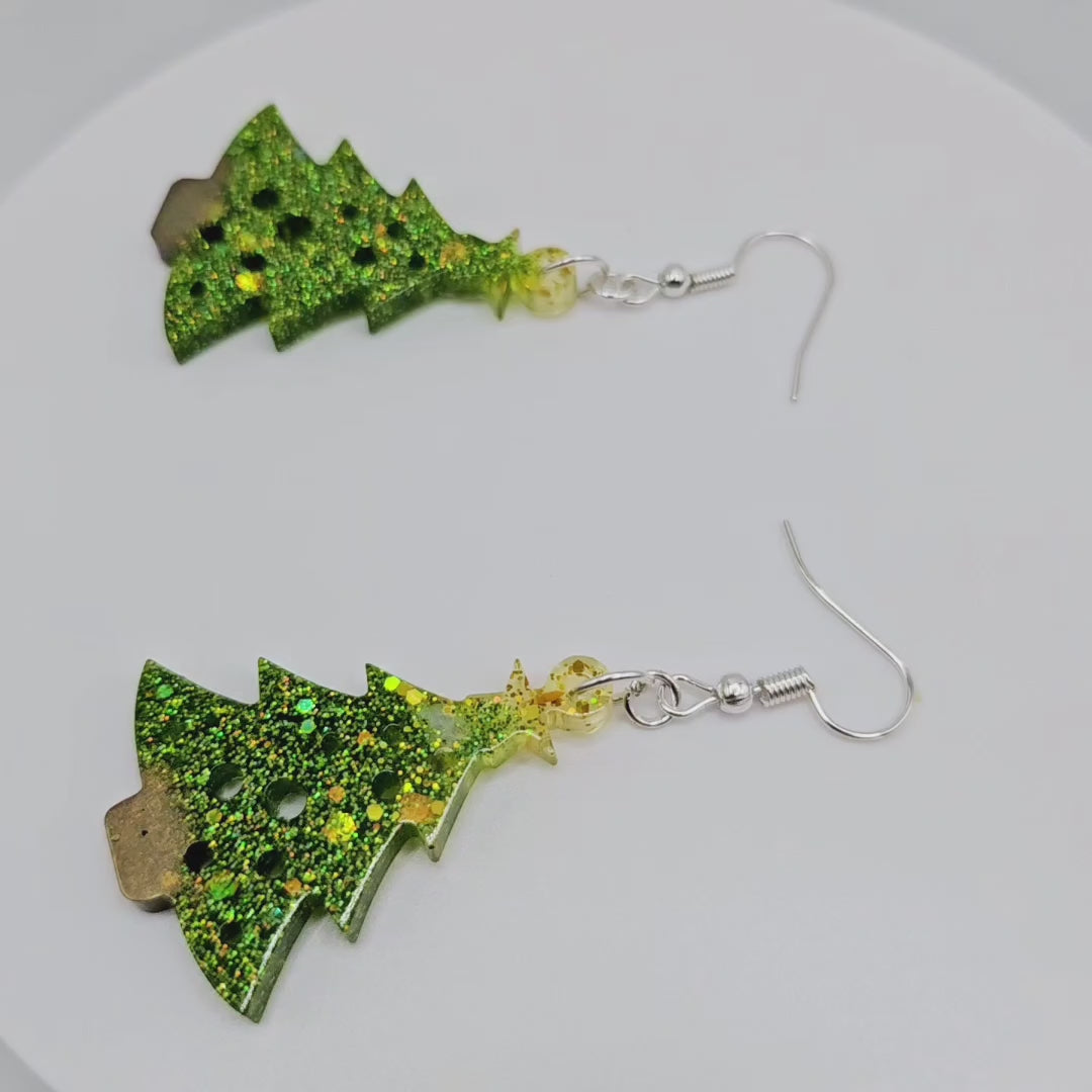 Christmas Tree Resin Earrings with Iridescent Glitter