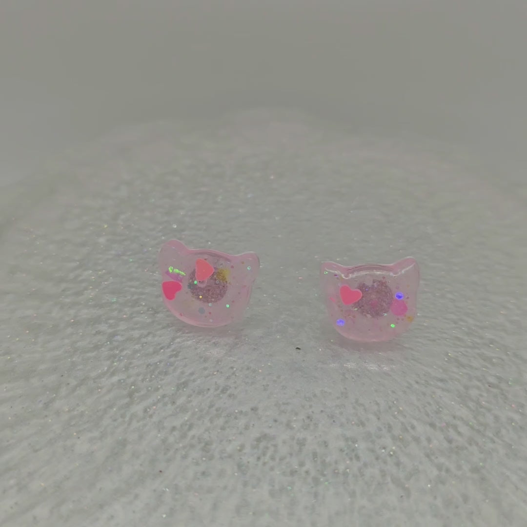 Kawaii Cat Handmade Resin Earrings with Hearts and Glitter