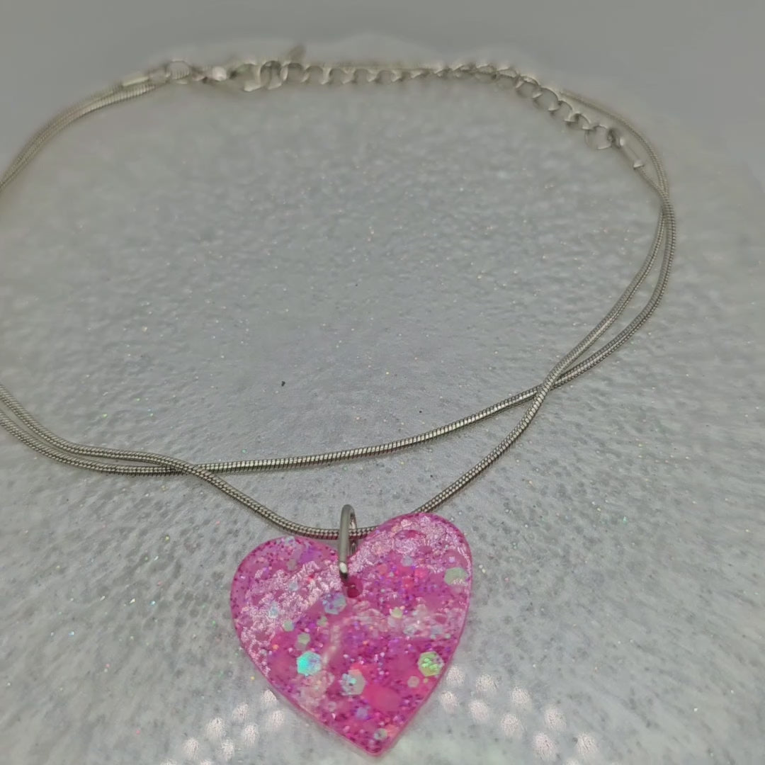 Heart Shaped Resin Pendant Necklace with Glitter